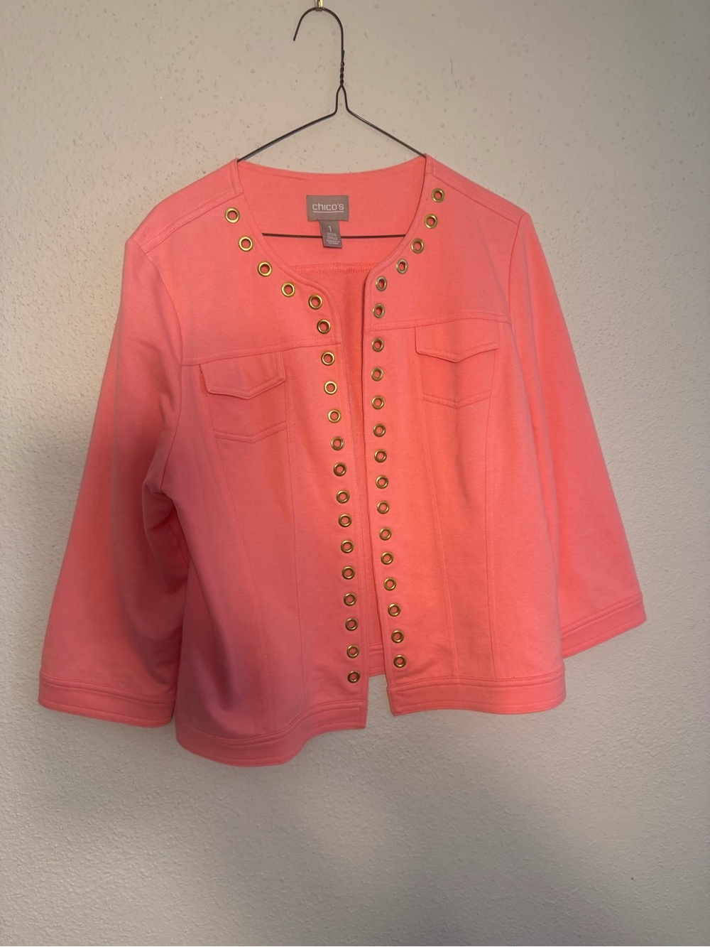 Chico's Coral Pink Grommet-Trim Open Cardigan